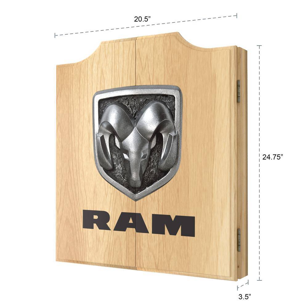 RAM Logo Light Brown Wood Dartboard Cabinet Set with Steel Tip Darts