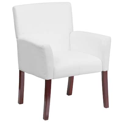 White Leather Executive Side Chair or Reception Chair with Mahogany Legs