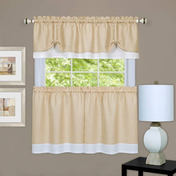 ACHIM Darcy Tan/White Polyester Light Filtering Rod Pocket Tier and Valance Curtain Set 58 in. W x 36 in. L