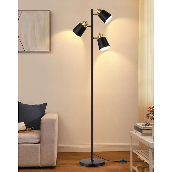 3-Headed 67 in. Black Gold Industrial 3-Light Tree Floor Lamp for Living Room