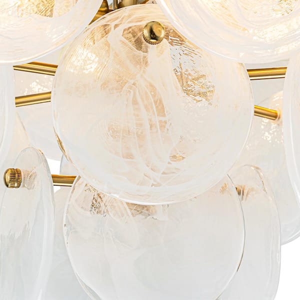 13.78 in. 4-Light Brass Modern Tiered Semi-Flush Mount With White Strie Glass Shade and No Bulbs Included