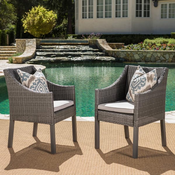 Unbranded 2-Piece PE Wicker Outdoor Patio Dining Chair Set Silver Wicker Grey Cushion Perfect for Garden Backyard Balcony