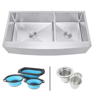 Farmhouse Apron 16-Gauge Stainless Steel 42 in. Curve Front 60/40 Offset Double Bowl Kitchen Sink w Silicone Colanders