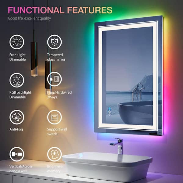 ES-DIY 20 in. W x 28 in. H Rectangular Frameless LED Anti Fog Backlit and Front Lighted Wall Bathroom Vanity Mirror in RGB, Silver