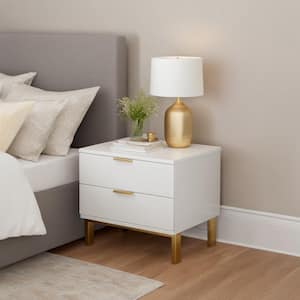 2-Drawer White Wooden Nightstand Bedside Table with 4-Gold Metal Legs 15.7 in. D x 19.7 in. W x 17.9 in. H