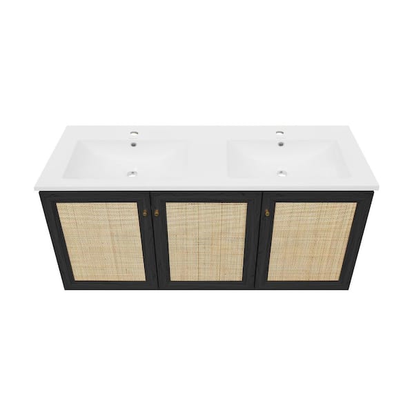 Classe 48 in. Wall-Mounted Bathroom Vanity in Black Oak with White Ceramic Double Basin Sink Top