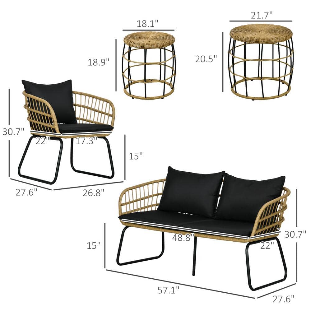 Black 4-Person PE Rattan Outdoor Furniture Set with Cushions