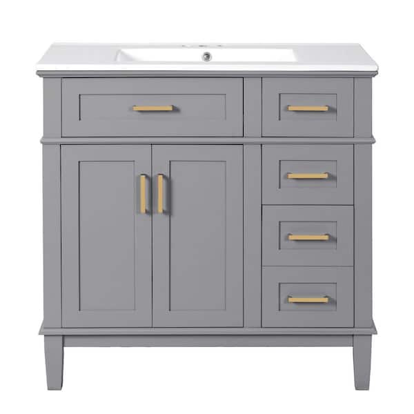 36 in. Gray Bath Vanity with Ceramic Top Sink 4 Drawers and Soft Close Doors