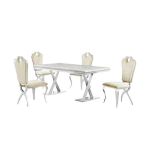 Lexim Faux Marble Dining Set in Cream/Silver (5-Piece)