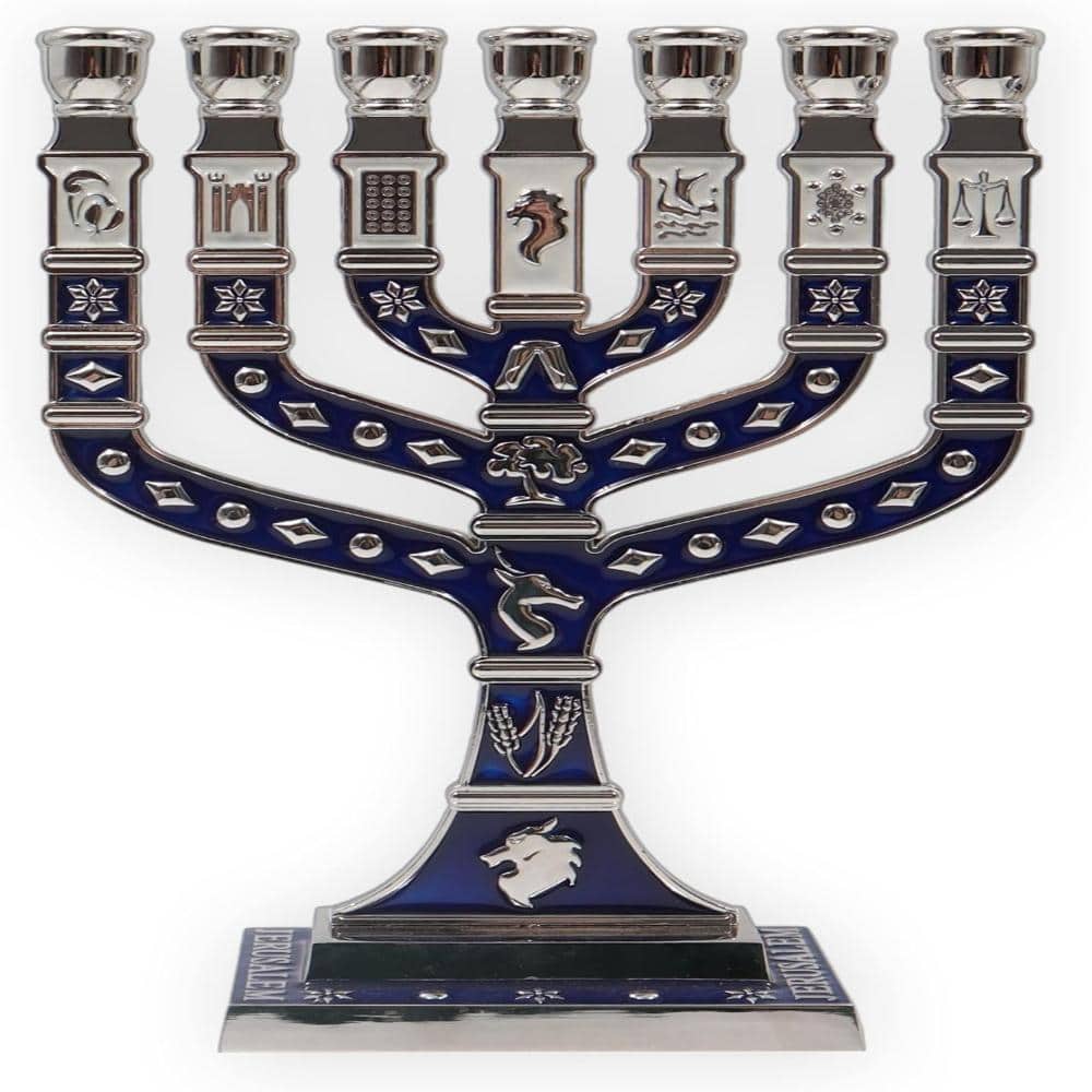 Israel Building Projects Jerusalem 7-Branch Enamel Menorah, 12 Tribes of Israel, 10.8