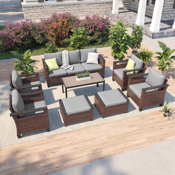 8 Pieces All-Weather PE Brown Wicker Patio Conversation Set with Coffee Table with Gray Cushion