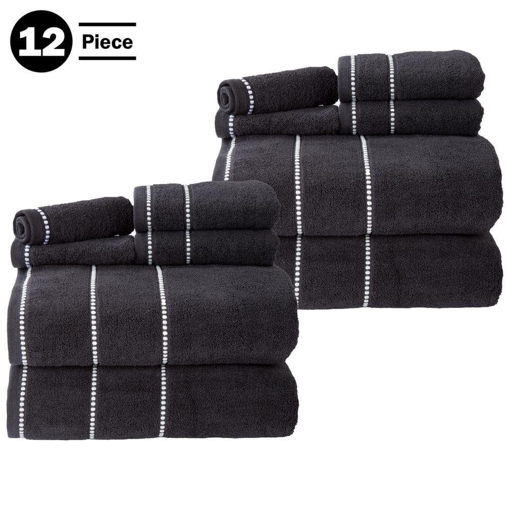 Luxurious Black Cotton 12-Piece Bath Towel Set with Stripes