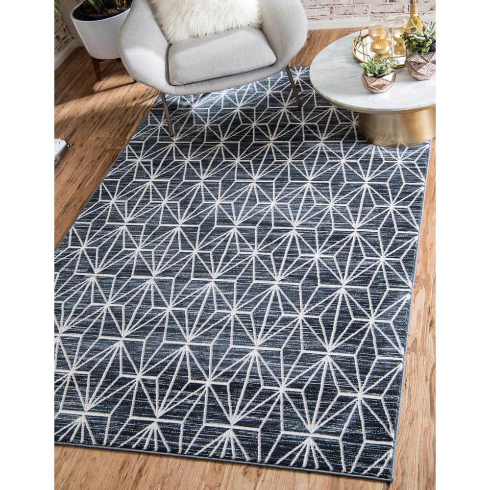 Navy Blue and Ivory Rectangular Easy-Care Area Rug 8' x 10'