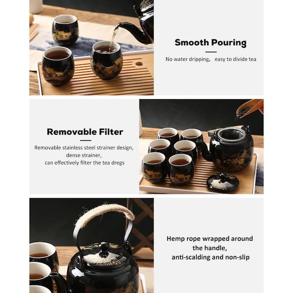 Wudkey 4-Cup Black Porcelain Tea Set with 1-Teapot Set, 6-Teacups