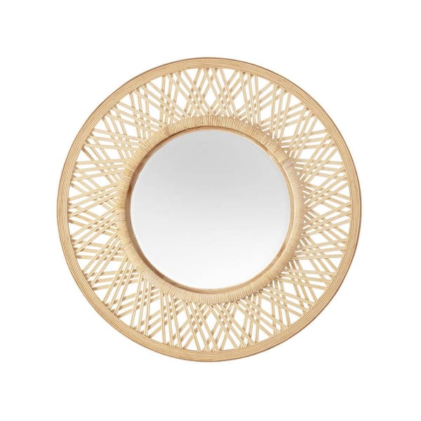 Unbranded Diagonal Rays 31.5 in. H x 31.5 in. W Round Bamboo Rattan Beige Framed Wall Mirror