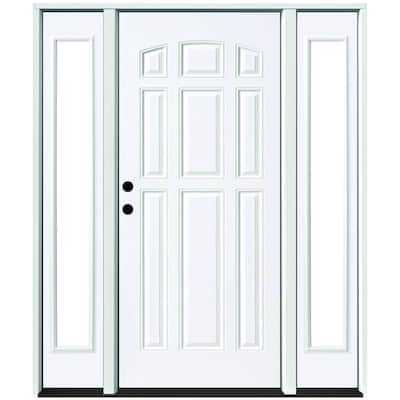60 in. x 80 in. 9-Panel Primed White Right-Hand Steel Prehung Front Door with 10 in. Clear Glass Sidelites 4 in. Wall