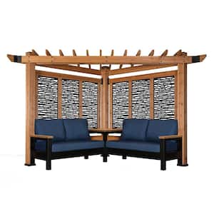 Tuscany 9 ft. x 9 ft. Light Brown Wooden Cabana Pergola with Bamboo Privacy Panels and Indigo Conversation Seating