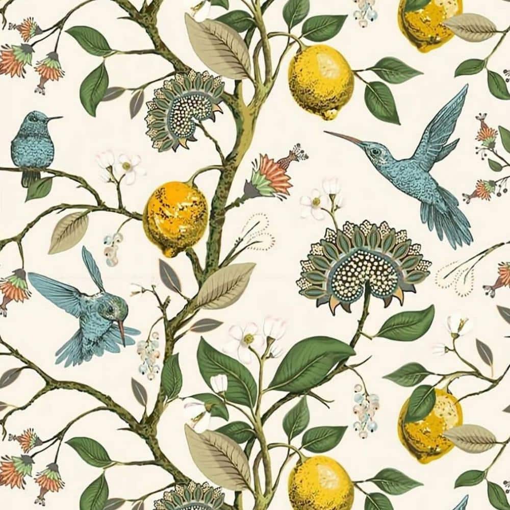 17.7 in. x 9.8 ft. Blue Bird Fresh Lemon Tree Waterproof Peel and Stick Wal