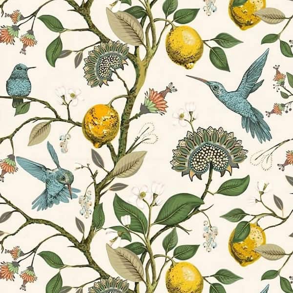 Angel Sar 17.7 in. x 9.8 ft. Blue Bird Fresh Lemon Tree Waterproof Peel and Stick Wallpaper