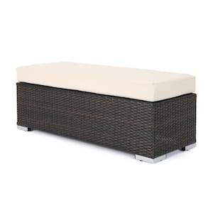 Brown Metal and Wicker Outdoor Ottoman Bench with Beige Cushion Multi-Color Iron Frame Wicker Outdoor Bench