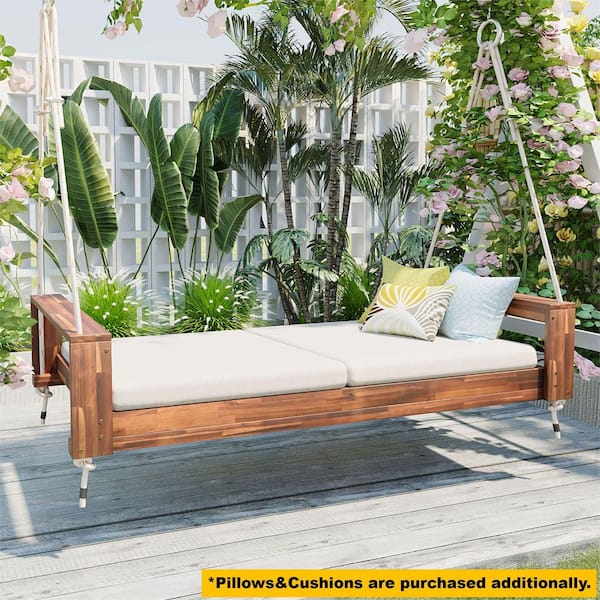 2-Person Acacia Wood Porch Swing Bed Frame with Hemp Ropes for Garden, Backyard, Natural