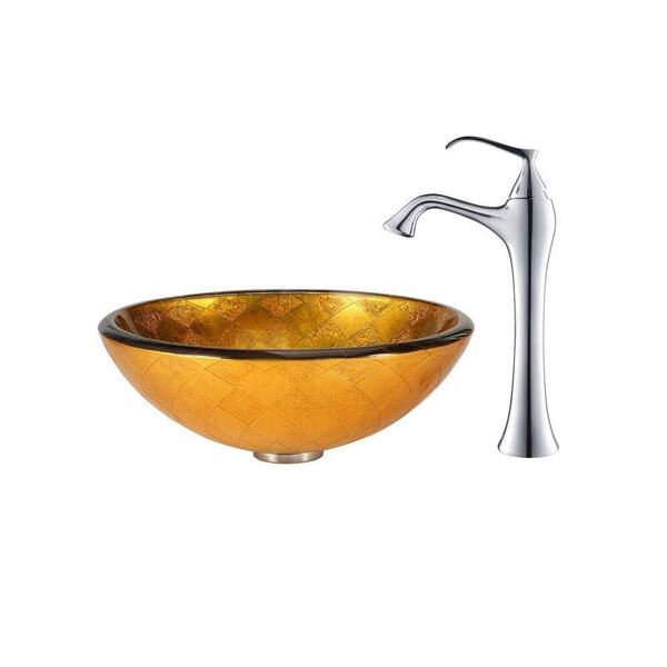 KRAUS Orion Glass Vessel Sink in Gold with Ventus Faucet in Chrome