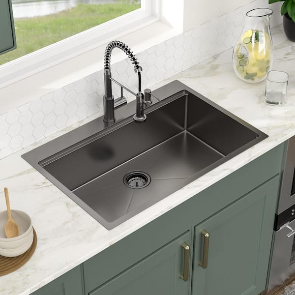 36 in. Drop-in/Topmount Single Bowl 16 Gauge Gunmetal Black Stainless Steel Workstation Kitchen Sink with Faucet