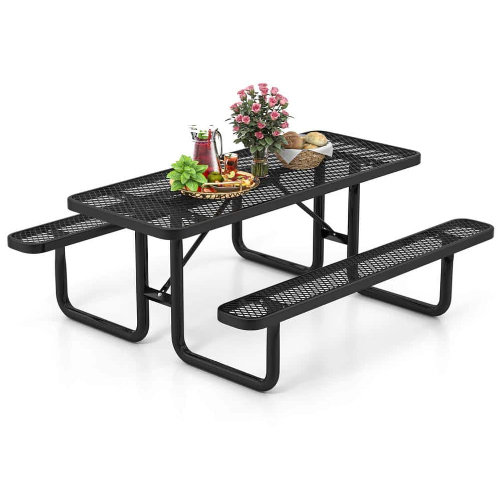 Costway Black Metal Picnic Table and Bench Set for 8