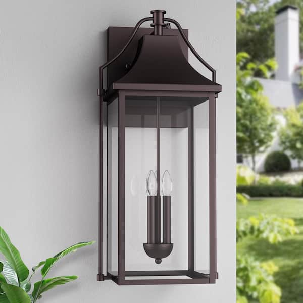 Hawaii 25 in. H 3-Bulb Oil-Rubbed Bronze Hardwired Outdoor Wall Lantern Sconce with Dusk to Dawn