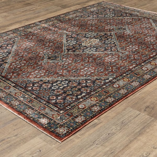 Elanor Red/Multi 10 ft. x 13 ft. Traditional Oriental Medallion Distressed Polyester Fringe-Edge Indoor Area Rug