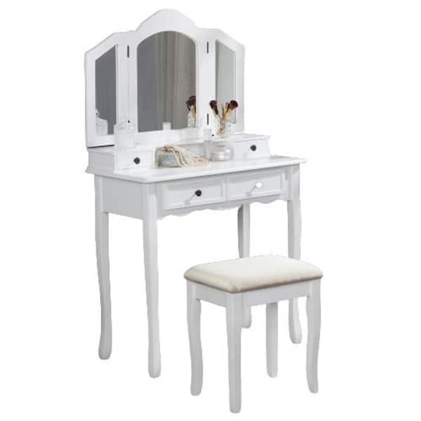 18.50 in W x 33.75 in D x 17.16 in H, Bath Vanity Cabinet without Top in White with Mirror, Table and Stool Set