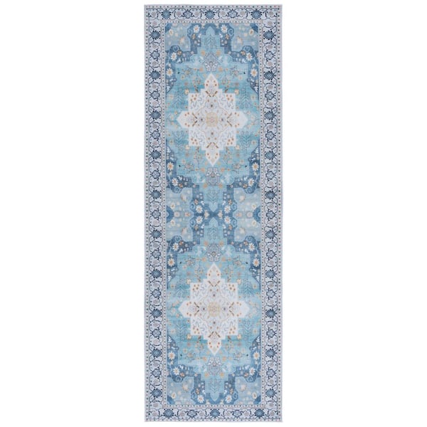 Tucson Aqua/Light Blue 3 ft. x 8 ft. Machine Washable Ornate Border Runner Rug