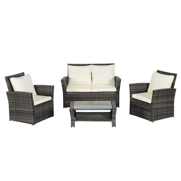 4-Piece Wicker Outdoor Sectional Sofa Set with Beige Cushions and Coffee Table