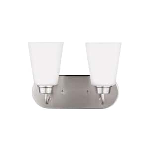 Kerrville 12 in. 2-Light Brushed Nickel Traditional Transitional Bathroom Vanity Light with Satin Etched Glass Shades