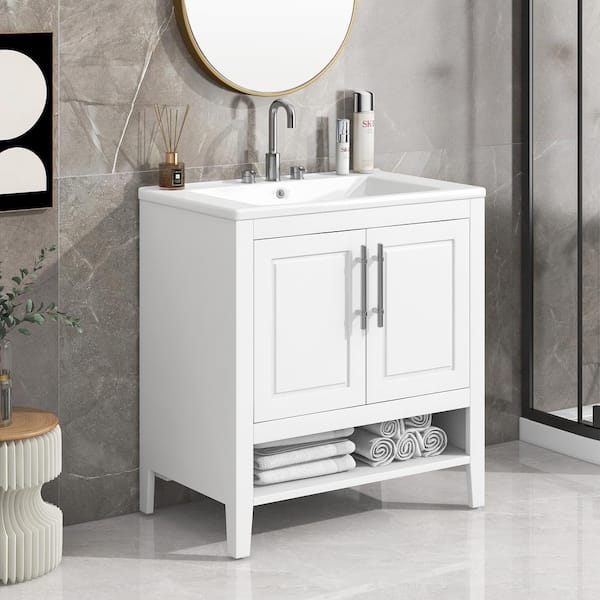 Unbranded 30 in. W. x 18.3 in. D x 33 in. H Freestanding Bath Vanity in White with White Ceramic Top
