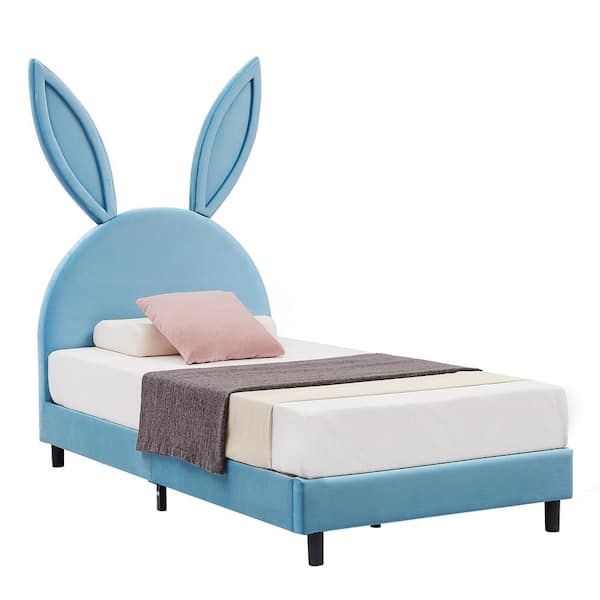 VECELO Upholstered Twin Daybed Frame for Kids, Blue Twin Platform Bed with Carton Ears Shaped Headboard