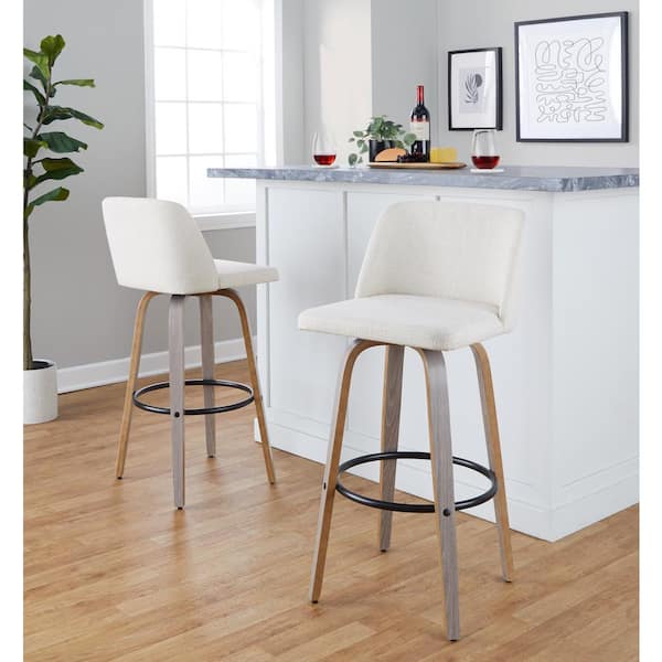 Lumisource Toriano 29.5 in. Cream Fabric, Light Grey Wood and Black Metal Fixed-Height Bar Stool (Set of 2)