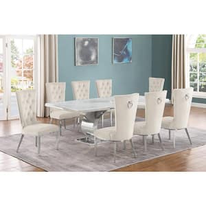 Ibraim 9-Piece Rectangle White Marble Top with Stainless Steel Base Dining Set with 8 Cream Velvet Fabric Chairs