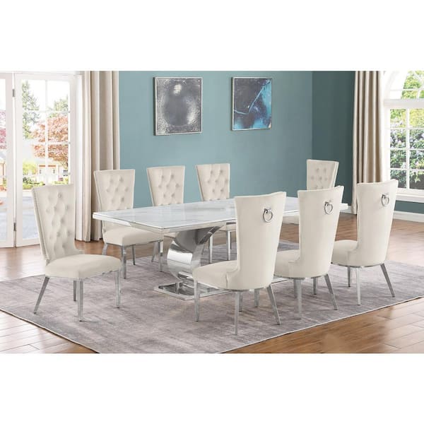 Best Quality Furniture Ibraim 9-Piece Rectangle White Marble Top with Stainless Steel Base Dining Set with 8 Cream Velvet Fabric Chairs