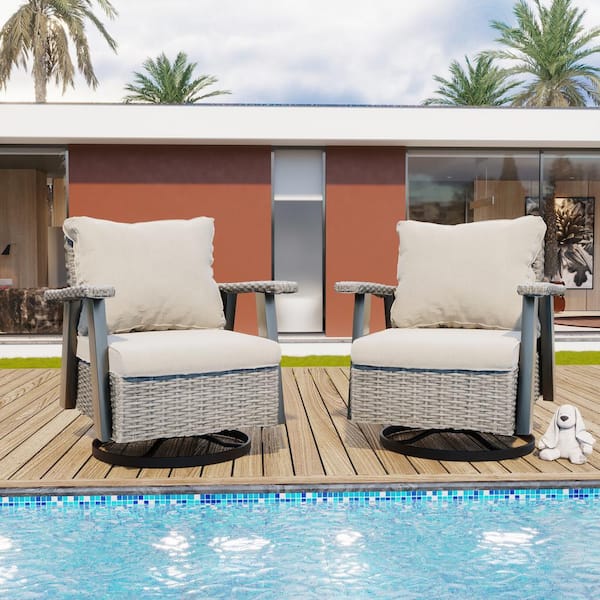 Wicker Patio Outdoor Rocking Chair Swivel Lounge Chair with Beige Cushion (2-Pack)