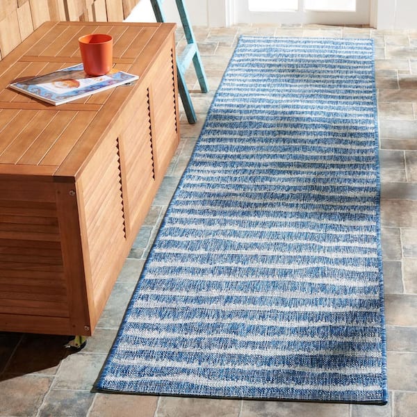 Courtyard Navy/Gray 2 ft. x 9 ft. Wave Striped Indoor/Outdoor Patio  Runner Rug