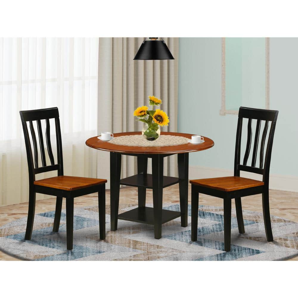 3-Piece Black and Cherry Finish Round Solid Wood Top Dining Table Set