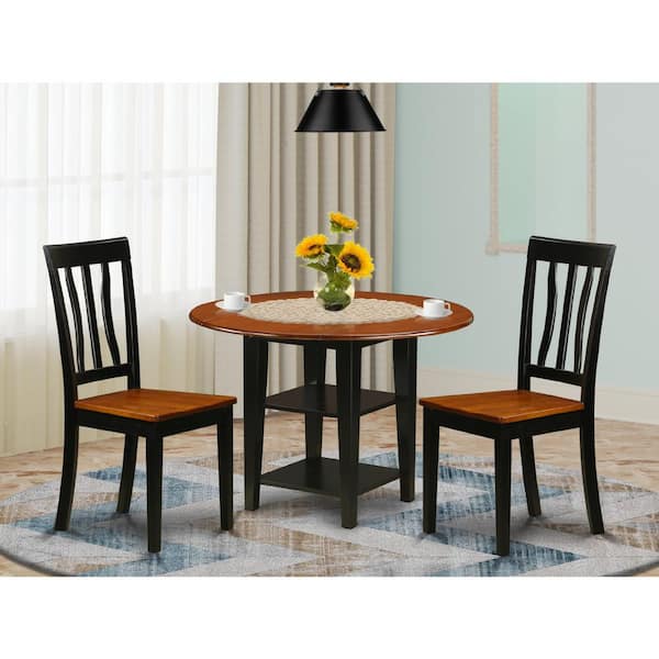 East West Furniture 3-Piece Black and Cherry Finish Round Solid Wood Top Dining Table Set