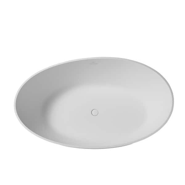 Vanity Art 63 in. L x 37.4 in. W Soaking Freestanding Stone Bathtub with Center Drain in White