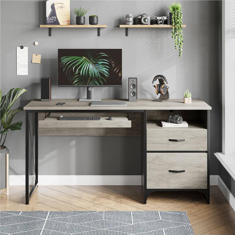 55 in. Office Desk with Storage Drawers and Keyboard Tray Light Grey Oak