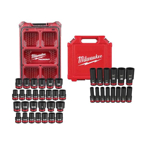 SHOCKWAVE Impact-Duty 1/2 in. Drive Metric & SAE Standard PACKOUT Socket Set (27-PC) & 14-PC 1/2 in Deep Well Socket Set