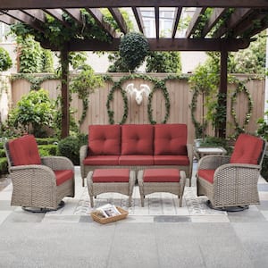 Carlos 6-Piece Gray Wicker Outdoor Conversation Swivel Chair Set Patio Sofa Set with Red Cushions and Ottomans