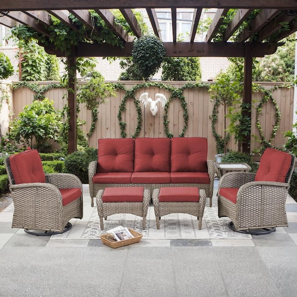 Gymojoy Carlos 6-Piece Gray Wicker Outdoor Conversation Swivel Chair Set Patio Sofa Set with Red Cushions and Ottomans
