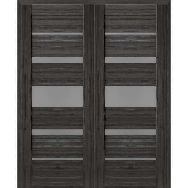 Belldinni Kina 64 in. x 84 in. Solid Core Both Active 5-Lite Frosted Glass Gray Oak Wood Composite Double Prehung Interior Door