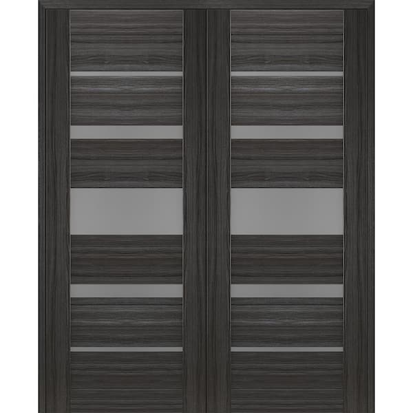 Kina 36 in. x 80 in. Solid Core Both Active 5-Lite Frosted Glass Gray Oak Wood Composite Double Prehung Interior Door